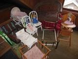 Various Vintage Dolly Beds, Highchairs.etc