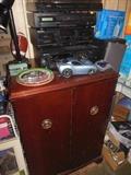 mahogany record music cabinet,electronics on top