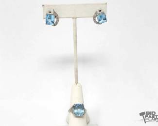 708  14K White Gold Diamond  Aqua Ring  Earring