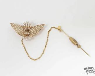 744  14k Yellow Gold Winged Pin with Pearls, 6g