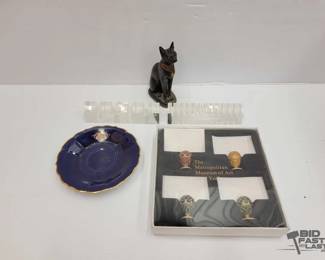 1914  Card Holders, Cat Figurine and Glass Plate