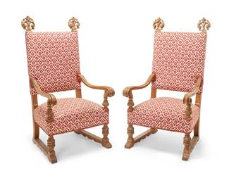1485
20th century
A pair of Renaissance style armchairs
The carved wood chairs with scrolled arms and foliate finials, the seat and back featuring floral pattern cotton upholstery with brass tacking, 2 pieces
Each: 57.5" H x 30" W x 31" D
Estimate: $400 - $600