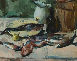 1079
Sergei Bongart
1918-1985
"Still Life with Catfish"
Oil on canvas
Signed lower right: Sergei Bongart; titled in ink on an artist's label affixed to the frame
30.25" H x 40.5" W
Estimate: $1,000 - $1,500