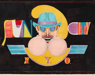 1205
Richard Lindner
1901-1978
"Fun City, New York City," 1969
Lithograph in colors on paper
Edition: An artist's proof, aside from the edition of 175
Signed and inscribed in pencil: R Linder / "AP"
Image: 26.5" H x 39.5" W; Sight: 27.5" H x 39.75" W
Estimate: $300 - $500
