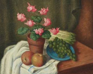 1107
Stan Poray
1888-1948
"Still Life with Pink Azalea, Grapes, and Apples"
Oil on canvas
Signed lower right: Stan P. Poray; titled on a label affixed to the frame, verso
18.25" H x 22.25" W
Estimate: $500 - $700