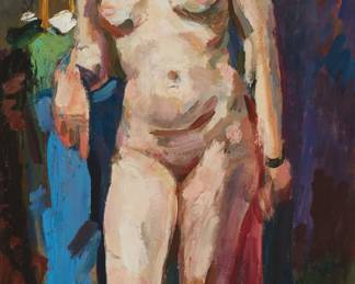 1145
Attributed to Francis Chapin
1899-1965
"Standing Nude in Artist's Studio," circa 1938
Oil on canvas laid to canvas
Unsigned; titled and dated on a gallery label affixed to the frame's backing paper
40" H x 20" W
Estimate: $300 - $500