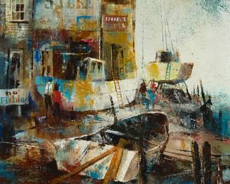 1055
Jack Laycox
1921-1984
"Wharf Stores"
Oil on canvas
Signed lower left: Jack Laycox; signed again and titled verso
30" H x 24" W
Estimate: $400 - $600