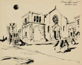 1100
Sergei Bongart
1918-1985
"Bologne," 1963
Ink on cream wove paper
Signed, titled, and dated upper right: "Sergei Bongart / Bologne 1963"
Sight: 13.75" H x 16.5" W
Estimate: $200 - $300