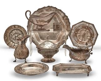 1329
19th century
A group of silver table items
All but one bowl marked for sterling; each variously marked for makers such as Gorham, Baldwin, and various British makers
Comprising one footed salver, four bowls/centerpieces, two gravy boats, one creamer, and one lidded sugar, most personalized, 10 pieces
Largest: 2" H x 11.25" Dia.
64.7 gross oz. troy approximately
Estimate: $300 - $500