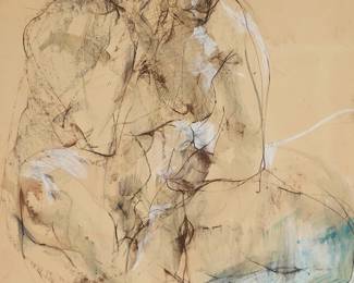 1167
Peter Liashkov
b. 1939
"Seated Figure"
Ink, gouache, and chalk on cream paper
Signed lower right: P. Liashkov; titled on an exhibition label affixed to the verso of the frame
Sheet: 45" H x 35" W
Estimate: $300 - $500