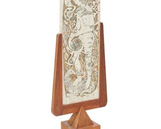 1444
Rodney Winfield
1925-2017
"The Lady and the Unicorn," conceived 1968
Carved travertine on a rosewood base
Appears unmarked
Overall: 73" H x 25.5" W x 12" D; Stand: 53.5" H; Travertine: 52" H x 18" W x 0.875" D
Estimate: $800 - $1,200