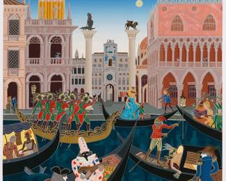 1220
Thomas McKnight
b. 1941
"Venetian Tale"
Screenprint in colors with gold enhancements on paper
Edition: 59/200
Signed and numbered in pencil in the lower margin: McKnight
Image: 35" H x 38" W; Sight: 37" H x 39.5" W
Estimate: $400 - $600