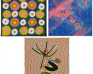 1266
Contemporary Aboriginal Works
Three works:

Lily Lion Kngwarreye (b. circa 1964)
"Bush Flowers"
Acrylic on canvas
Signed, titled, and inscribed verso: Lily Lion Kngwarreye / "Area - Arakawenyerr 'Utopia'"; titled on a label affixed to the stretcher; inscribed verso: "WEK 15"
12" H x 12" W

Alma Nungarrayi Granites (1955-2017)
"Yanjiripirri" or "Seven Sisters Dreaming"
Acrylic on canvas
Signed verso: Alma Nungarrayi Granites; titled on a label affixed to the stretcher
12" H x 12" W

Jeannie Nungarrayi Egan (b. circa 1948)
"Love (Ngarla) Dreaming"
Acrylic on linen
Unsigned; titled on a label affixed to the stretcher; inscribed verso: "WGC Y 6"
12" H x 12" W
Estimate: $300 - $500