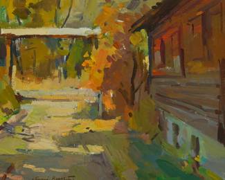 1083
Sergei Bongart
1918-1985
Driveway with trees
Oil on canvas
Signed lower left: Sergei Bongart; inscribed in Cyrillic on the stretcher
20" H x 24" W
Estimate: $800 - $1,200
