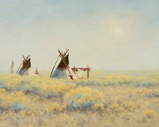1123
Heinie Hartwig
b. 1937
"Rabbit Brush Camp"
Oil on Masonite
With the incised signature lower left: Heinie Hartwig; titled verso
12" H x 16" W
Estimate: $300 - $500