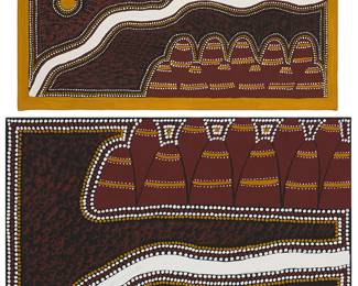 1260
Ju Ju Wilson (b. 1960)
Two works:

"Bungle Bungles"
Ochre on canvas
Signed verso: Ju Ju Wilson; titled on a label affixed to the stretcher; inscribed verso: "EK 21"
13" H x 19" W

"Bungle Bungles"
Ochre on canvas
Signed verso: Ju Ju Wilson; titled on a label affixed to the stretcher; inscribed verso: "WEK 19"
16" H x 20" W
Estimate: $400 - $600