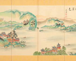 1392
20th century
A Chinese four-panel screen
Signed upper right
The painted and gilt fabric screen in a wood frame, each panel coming together to depict a seaside landscape with buildings, trees, boats on the water, and mountains in the distance, all within a gold-toned fabric border with foliate pattern
Each panel: 35.25" H x 14.875" W x 0.75" D; Stored: 2.75" D
Estimate: $200 - $300