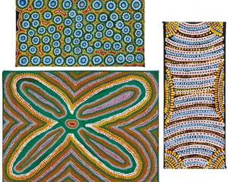 1263
Contemporary Aboriginal works
Three works:

Ruby Ungia (b. circa 1930)
"My Desert Country"
Acrylic on canvas
Signed verso: Ruby; titled on a label affixed to the stretcher; inscribed verso: "WGB 109"
18" H x 24" W

Cindy Wallace Nungarrayi (b. 1976)
"Ceremonial Body Paint"
Acrylic on canvas
Signed verso: Cindy Wallace Nungarrayi; titled on a label affixed to the stretcher; inscribed verso: "WEK 13"
19" H x 8" W

Maria Hunter (20th century)
"Desert Flowers"
Acrylic on canvas
Signed, titled, and inscribed verso: Maria Hunter / "WF B 02"
20" H x 11" W
Estimate: $400 - $600