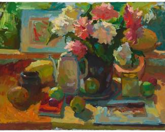 1108
Sergei Bongart
1918-1985
Floral still life with fruit
Oil on canvas
Unsigned
30" H x 40" W
Estimate: $700 - $900
