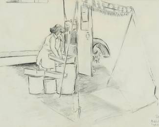 1173
Peter Richard Walker
b. 1946
Woman cleaning near a circus truck, 1976
Charcoal on paper
Signed, dated, and inscribed in pencil, lower right: "Peter Walker / Mehlville Missouri / Sept. 11 / 76"
Sheet: 14" H x 21.5" W
Estimate: $200 - $300