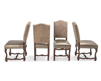 1490
20th century
Four Louis XIII-style side chairs
Each unmarked
The carved wood high-back chairs with seat back upholstered in high pile mauve velvet above a seat cushion upholstered in silver faux reptile skin, all set into a carved wood carcass raised on curvilinear legs and an H-stretcher, 4 pieces
Each: 42.25" H x 18.75" W x 27.5" D
Estimate: $400 - $600