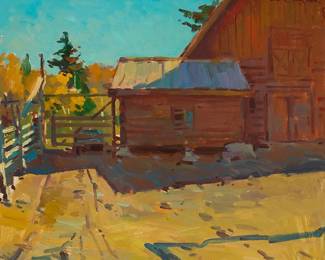 1085
Sergei Bongart
1918-1985
"Ranch," 1982
Oil on canvas
Signed upper right: Sergei Bongart; dated "1982" and indistinctly inscribed on the stretcher; titled on a gallery label affixed verso
24" H x 28" W
Estimate: $800 - $1,200
