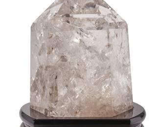 1421
20th century
A rock crystal specimen
The cut and polished specimen set into a custom ebonized wood stand
Rock: 14.75" H x 11.5" H x 9.25" D; Overall: 17.5" H x 13.75" W x 11.625" D
Estimate: $1,000 - $1,500