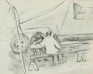 1174
Peter Richard Walker
b. 1946
Picnic outside trailers, 1976
Charcoal on paper
Signed, dated, and inscribed in pencil, lower right: "Peter Walker / Mehlville Missouri / September 9 / 76"
Sheet: 16" H x 22" W
Estimate: $200 - $300