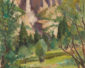 1026
Spencer Macky
1880-1958
"Yosemite Falls," 1926
Oil on canvasboard
Signed in the lower edge, right of center: Spencer Macky; titled on the frame plaque; dated by repute
18" H x 14" W
Estimate: $300 - $500