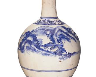 1410
Possibly 20th century
A Korean blue and white porcelain vase
Appears unmarked
The bottle-form ceramic vessel, decorated with a mountain village scene on one side and a sailing lake-side scene on the other side, all in blue underglaze
20.5" H x 10" Dia.
Estimate: $200 - $300