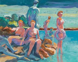 1138
Raymond Cuevas
1932-2020
"The River Bathers"
Oil on canvasboard
Signed lower left: Ray Cuevas; signed again and titled verso
16" H x 20" W
Estimate: $600 - $800