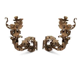 1471
Early 20th century
A pair of Continental Baroque-style gilt metal wall prickets
The single-light gilt wrought metal wall-mounted candleholders, each of scrolled form overlain with applied foliate accents, 2 pieces
Each: 36" H x 35" W x 13" D approximately
Estimate: $400 - $600
