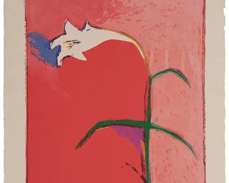 1194
Fritz Scholder
1937-2005
"Lily," 1983
Lithograph in colors on wove paper
Edition: 55/90
Signed and numbered in pencil in the lower margin: Scholder; with the Houston blindstamp in the lower right margin corner
Image: 34" H x 24" W; Sheet: 41.25" H x 29.25" W
Estimate: $1,000 - $1,500