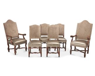 1488
20th century
Six Louis XIII-style dining chairs
Each unmarked
The wood high-back chairs with seat back upholstered in high pile mauve velvet above a seat cushion upholstered in silver faux reptile skin, comprising four side chairs set into a Louis XIII-style carved wood carcass raised on curvilinear legs and an H-stretcher, and two armchairs set in a French Baronial carcass with scrolled arms and legs joined by a modified X-stretcher, 6 pieces
Arms: 49.5" H x 27.75" W x 29" D; No arms: 42.25" H x 18.75" W x 27.5" D
Estimate: $600 - $800