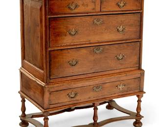1492
Early 20th century
A Queen Anne-style oak chest on stand
The carved wood chest with brass pulls and batwing escutcheons, the upper console containing five drawers, the lower console containing a single drawer above turned legs joined by a curvilinear box stretcher raised on bun feet, 2 pieces
Overall: 48.25" H x 39.5" W x 22" D: Lower console: 21" H; Upper console: 28.5" H
Estimate: $400 - $600
