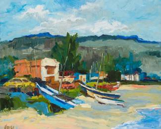 1054
Pamela Glover
1924-2010
"Half Moon Bay Yacht Club," 1993
Oil on canvas
Signed lower left: Glover; titled twice and dated "1993" in ink on the stretcher; inscribed indistinctly in blue ink verso; titled again on a gallery label affixed to the frame's backing board
20" H x 24" W
Estimate: $400 - $600