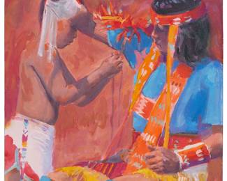 1126
Donald "Putt" Putman
1926-2007
Prepping for a Indian ceremony
Acrylic on paperboard
Signed lower right: Putt
10" H x 8" W
Estimate: $200 - $300
