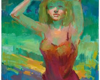 1070
Sergei Bongart
1918-1985
Woman in a red dress, 1981
Oil on canvas
Unsigned; dated "1981" and indistinctly inscribed in Crylic lettering on the stretcher
30" H x 26" W
Estimate: $300 - $500