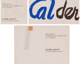 1209
Alexander Calder
1898-1976
An invitation card to the opening of Alexander Calder's exhibition at the Maeght Gallery, Paris, January 24, 1973
Lithograph in colors on thick paper
From the edition of unknown size
Signed in the stone: Calder; the exhibition invitation card cut into two sections along the original vertical folding line; sold together with a separate piece of thin paper with printed exhibition and gallery information; 3 pieces
Invitation (overall): 5.5" H x 14.5" W; Gallery information printed sheet: 7.875" H x 10.125" W
Estimate: $200 - $300