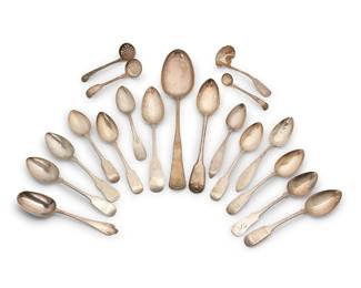 1323
19th/early 20th century
A group of silver serving spoons
Each variously marked for different makers and countries of origin; some marked for sterling, others variously marked for purity including eight German spoons marked: 13 [.812]
The assorted group comprising a set of eight German serving spoons, a Tiffany & Co. gravy ladle with gilt washed bowl, and various other serving spoons, 19 pieces
Longest: 14.625" L; Shortest: 5.5" L
42 oz. troy approximately
Estimate: $400 - $600