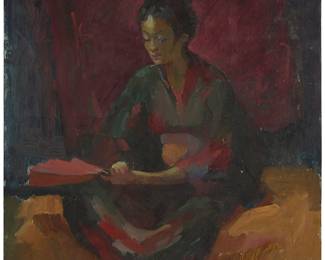1071
Sergei Bongart
1918-1985
Seated woman in a kimono
Oil on Masonite
Unsigned
22" H x 18" W
Estimate: $300 - $500
