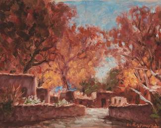 1118
Noel Espinoza
20th/21st century
Adobe village
Oil on Masonite
Signed lower right: N. Espinoza
12" H x 16" W
Estimate: $400 - $600