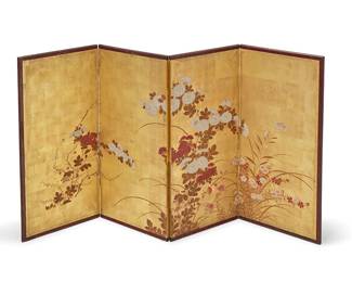 1395
20th century
A Japanese four-panel byobu screen
The painted and gilt rice paper low screen in red lacquered wood frames, each panel coming together to depict a floral scene on gold ground
Each panel: 29.625" H x 14.875" W x 0.625" D; Stored: 23.5" D
Estimate: $150 - $250