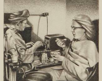 1175
Randy Dudley
b. 1950
"In the Chair," 1978
Graphite on paper
Signed and dated in pencil in the lower margin, at right: Dudley © 1978; dated again and titled on a gallery label affixed to the frame's backing board
Image: 4" H x 4" W; Sheet: 10" H x 10" W
Estimate: $200 - $300