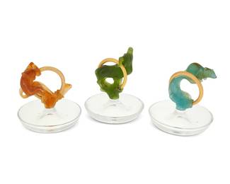 1350
Mid-20th century
Three Daum glass and pâte de verre figural ring dishes
Each etched to side of tray: Daum / France; bovine with Daum sticker
The glass dishes, each mounted with a gilt ring and pâte de verre figure, comprising a bovine figure, a monkey figure, and a rodent figure, 3 pieces
Each: 5.75" H x 5.375" Dia.
Estimate: $200 - $400