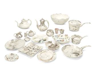 1452
Sasha Brastoff (1918-1993)
A ceramic "Surf Ballet" dinner and tea service, late 20th century
Each marked for Sascha Brastoff
Comprising 13 dinner plates, 8 smaller plates, 4 sauce trays, 1 shallow dip bowl, 1 salad bowl, 2 dip platters, 1 teapot, 2 coffee pots, 1 creamer, 1 lidded waste bowl, 1 lidded sugar, 9 chips and dip plates, 6 teacups, 2 skillets, 2 saucepans, 2 larger pots, 2 small plant pots, and 1 pepper shaker, together with three items in another pattern including 1 serving bowl, 1 chips and dip plate, and 1 skillet, 62 pieces
Largest bowl: 6.5" H x 13.5" Dia.; Teapot: 10.25" H x 11" W x 7.5" D
Estimate: $300 - $400