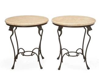 1502
Early 21st century
A pair of patinated metal occasional tables
The patinated cast metal tables, each with curvilinear legs featuring upper ram's heads and hoof feet, joined by a circular stretcher, surmounted by a faux travertine top, 2 pieces
Each: 27.5" H x 25.25" Dia.
Estimate: $600 - $800