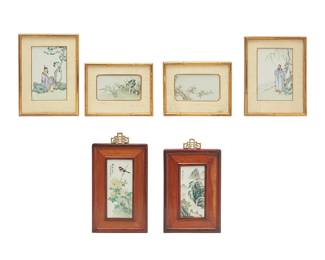 1379
20th century
A group of Chinese polychrome porcelain plaques
Two with Chinese inscription at upper left
The painted porcelain plaques, comprising two depicting scholar figures, two depicting floral images, one depicting a bird, and another depicting a mountain scene, 6 pieces
Largest sight: 8" H x 4.875" W; Smallest sight: 5.75" H x 2.625" W
Estimate: $600 - $900
