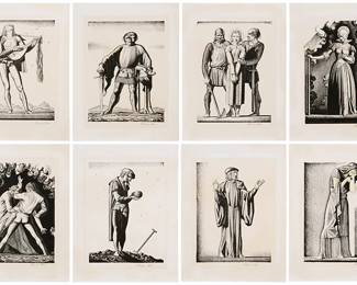 1228
Rockwell Kent
1882-1971
Eight plates from "Forty Drawings to Illustrate the Works of William Shakespeare" portfolio, 1937
Seven lithographs in black, plus one lithograph in black and green, each on wove paper
Each from the edition of 1,000
Each signed in pencil in the lower margin: Rockwell Kent; Doubleday, Garden City, New York, pub.
Image of each: 8" H x 6" W (approx.); Sheet of each: 11.25" H x 8.5" W
Estimate: $500 - $700