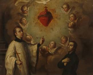 1157
19th Century Spanish School
A Spanish retablo depicting the Sacred Heart of Jesus
Oil on tin
Unsigned
Sight: 13.5" H x 10.125" W
Estimate: $300 - $500